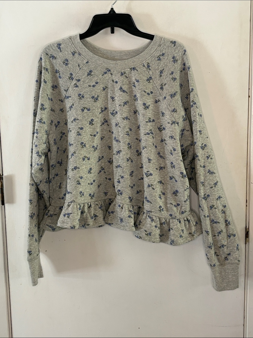 Torrid Love Sick Size 2 grey sweatshirt blue floral with ruffle peplum